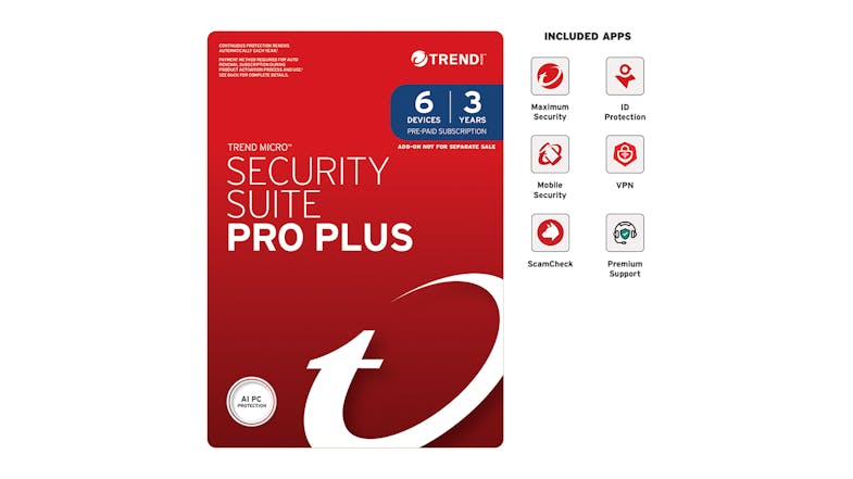 A Trend Micro Security Suite Pro Plus for 6 devices with a 3-year subscription A Trend Micro Security Suite Pro Plus for 6 devices with a 3-year subscription