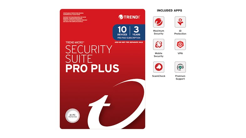 A Trend Micro Security Suite Pro Plus for 10 devices with a 3-year subscription A Trend Micro Security Suite Pro Plus for 10 devices with a 3-year subscription