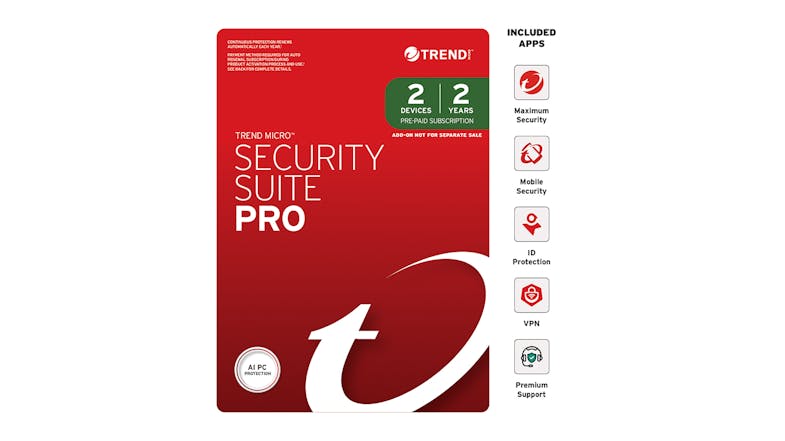 A Trend Micro Security Suite Pro for 2 devices with a 2-year subscription A Trend Micro Security Suite Pro for 2 devices with a 2-year subscription