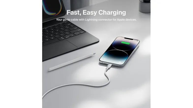 Belkin BoostCharge cable charging an iPhone next to an iPad Belkin BoostCharge cable charging an iPhone next to an iPad