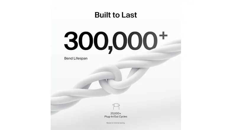A graphic showing cable durability with a 300,000+ bend lifespan A graphic showing cable durability with a 300,000+ bend lifespan