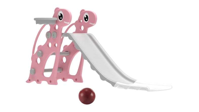 Pink dinosaur‑themed KIDBOT slide set with a white slide and a small red ball Pink dinosaur‑themed KIDBOT slide set with a white slide and a small red ball