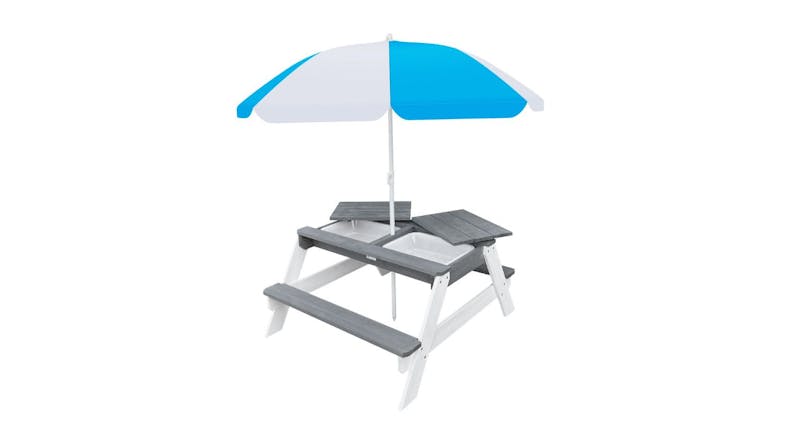 Kidbot Outdoor Children's Picnic Table with built‑in sand and water bins and a blue and white umbrella Kidbot Outdoor Children's Picnic Table with built‑in sand and water bins and a blue and white umbrella