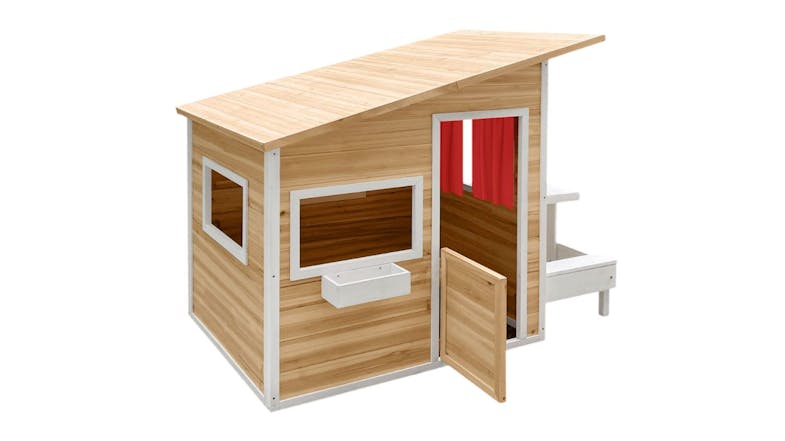 Kidbot Outdoor Wooden Playhouse with slanted roof, windows, planter box and open doorway Kidbot Outdoor Wooden Playhouse with slanted roof, windows, planter box and open doorway