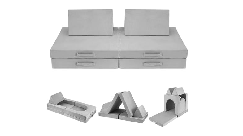Modular grey KIDBOT Modular Play sofa shown in multiple foldable configurations for seating and play Modular grey KIDBOT Modular Play sofa shown in multiple foldable configurations for seating and play
