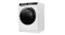 Angled view of a white washing machine with a round glass door Angled view of a white washing machine with a round glass door