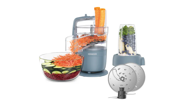 Kenwood MultiPro Go set showing food processor, blender attachment, blades, and sliced vegetables Kenwood MultiPro Go set showing food processor, blender attachment, blades, and sliced vegetables