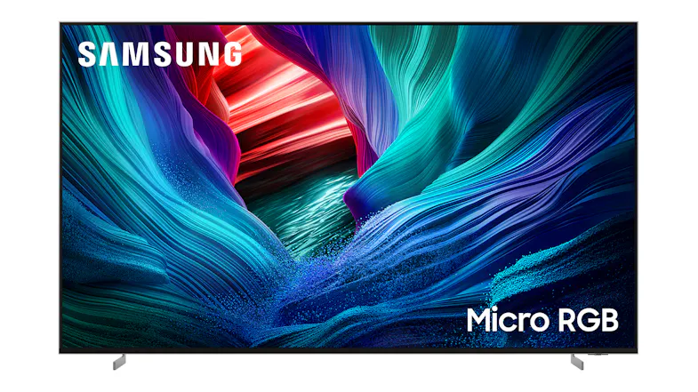 Front view of 115" Samsung R95F Micro RGB TV with colourful abstract wallpaper and Samsung logo Front view of 115" Samsung R95F Micro RGB TV with colourful abstract wallpaper and Samsung logo