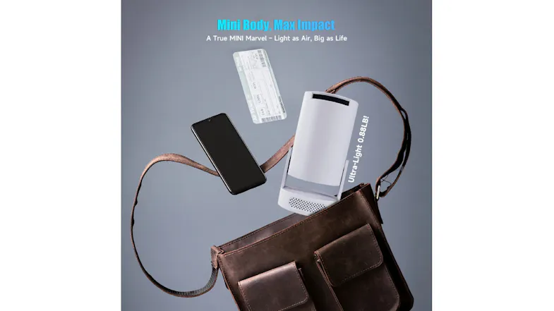 Mini projector displayed with a phone, ticket, and bag to show its compact size Mini projector displayed with a phone, ticket, and bag to show its compact size