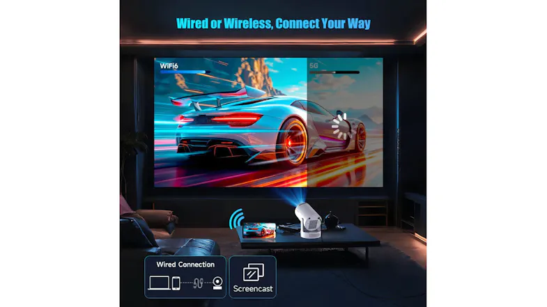 Magcubic projector displaying a racing game with wired and wireless connection icons Magcubic projector displaying a racing game with wired and wireless connection icons