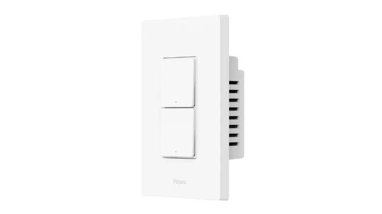 A side view of a white smart light switch installed in a wall, showing a slim profile and a flush-mounted modern design A side view of a white smart light switch installed in a wall, showing a slim profile and a flush-mounted modern design