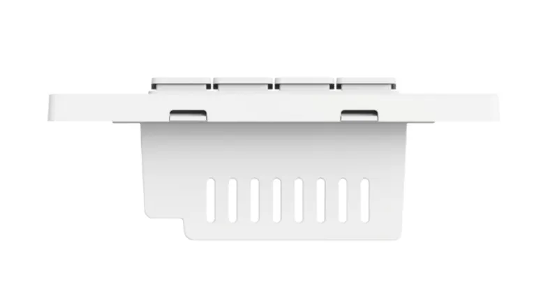 A bottom view of a white smart wall switch showing ventilation slots and low-profile housing A bottom view of a white smart wall switch showing ventilation slots and low-profile housing