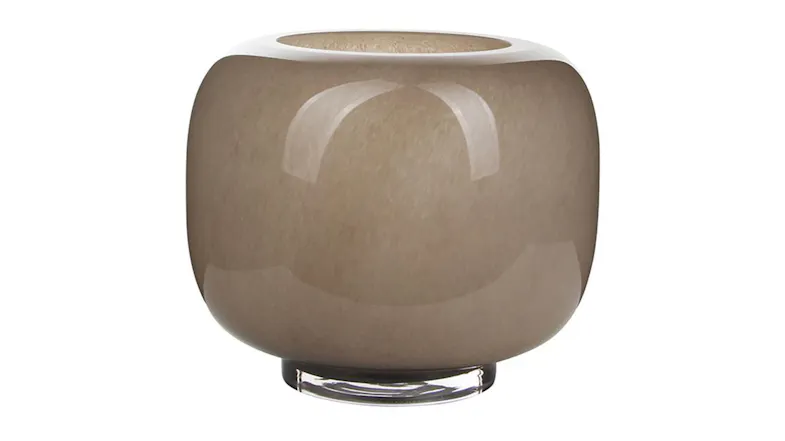 A rounded Remi Mocha glass vase, 20cm, with a translucent brown finish and clear base A rounded Remi Mocha glass vase, 20cm, with a translucent brown finish and clear base