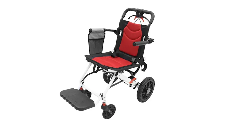 A front-angled view of the Auswheel Folding Wheelchair with Rear Handle Brakes 12" A front-angled view of the Auswheel Folding Wheelchair with Rear Handle Brakes 12"