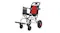 Rear view of a foldable wheelchair showing backrest, storage pocket, solid wheels, and compact frame design Rear view of a foldable wheelchair showing backrest, storage pocket, solid wheels, and compact frame design