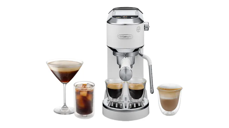 A white De'Longhi Dedica Duo Manual Espresso Machine A white De'Longhi Dedica Duo Manual Espresso Machine