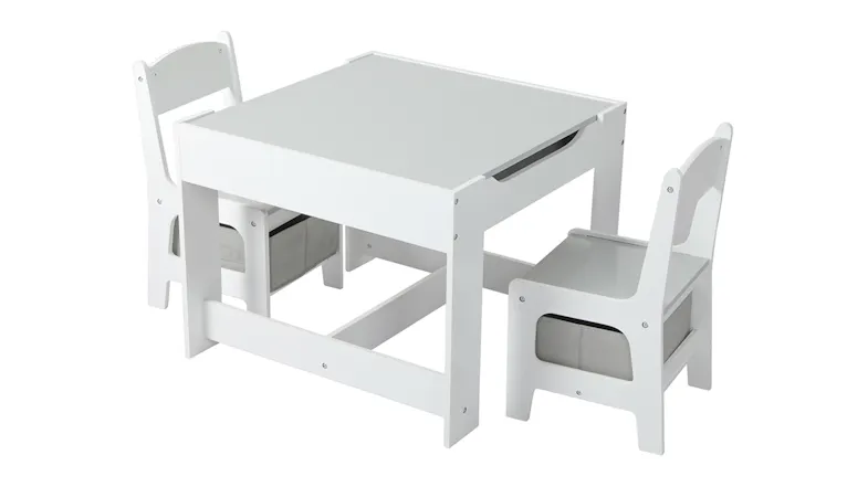 Bopeep Children's Furniture Set, featuring a white table and two chairs with grey storage bins Bopeep Children's Furniture Set, featuring a white table and two chairs with grey storage bins