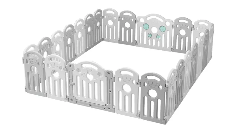 Angled view of the Bopeep plastic baby safety playpen with interlocking panels Angled view of the Bopeep plastic baby safety playpen with interlocking panels