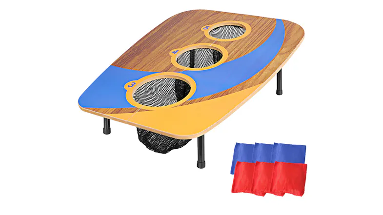 Angled view of a wood-grain cornhole board with three net-lined holes and colourful beanbags Angled view of a wood-grain cornhole board with three net-lined holes and colourful beanbags