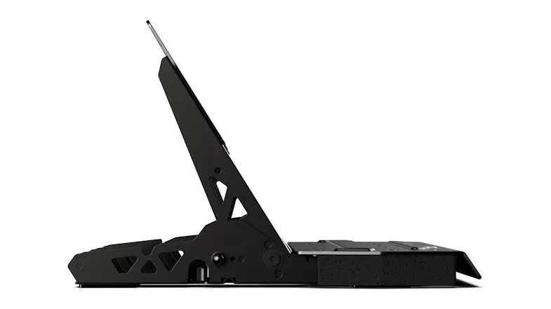 Side profile of the Moza clutch pedal with an angled hinged arm and a perforated metal frame Side profile of the Moza clutch pedal with an angled hinged arm and a perforated metal frame