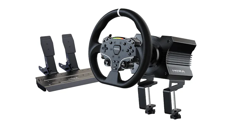A Moza R5 Direct Drive Racing Simulator Bundle in a sleek black colour A Moza R5 Direct Drive Racing Simulator Bundle in a sleek black colour