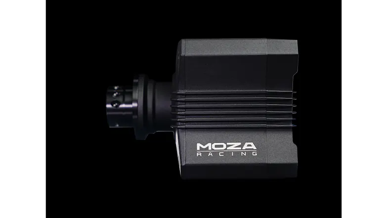 Profile view of a black metal wheelbase showing horizontal cooling fins Profile view of a black metal wheelbase showing horizontal cooling fins