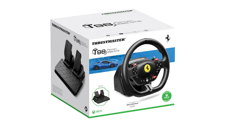Retail box of the Ferrari 296 GTB racing wheel and pedal set for Xbox Retail box of the Ferrari 296 GTB racing wheel and pedal set for Xbox