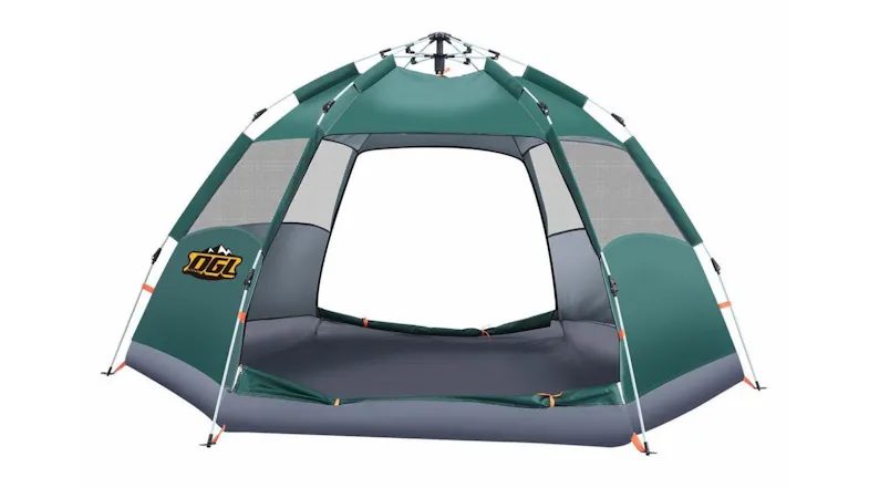 A front view of the 5-person pop‑up camping tent front view with wide entrance, mesh doors, sturdy frame, and spacious interior layout A front view of the 5-person pop‑up camping tent front view with wide entrance, mesh doors, sturdy frame, and spacious interior layout