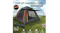 Breathable camping tent design with two doors, two large windows, a top mesh window, and airflow arrows for ventilation Breathable camping tent design with two doors, two large windows, a top mesh window, and airflow arrows for ventilation