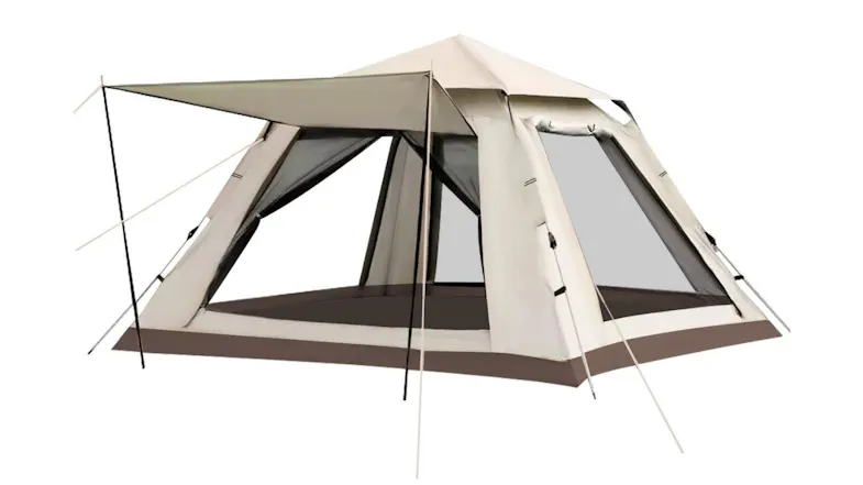An open OGL 5-person pop‑up camping tent with extended awning, mesh panels, wide interior space An open OGL 5-person pop‑up camping tent with extended awning, mesh panels, wide interior space