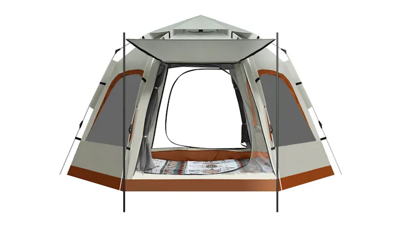 A front view of the 5-person pop‑up camping tent front view with wide entrance, mesh doors, sturdy frame, and spacious interior layout A front view of the 5-person pop‑up camping tent front view with wide entrance, mesh doors, sturdy frame, and spacious interior layout