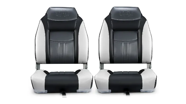 Two black and grey padded OGL boat seats are shown side by side Two black and grey padded OGL boat seats are shown side by side