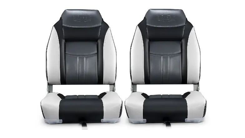 Two black-and-white high‑back OGL boat seats are shown side by side Two black-and-white high‑back OGL boat seats are shown side by side