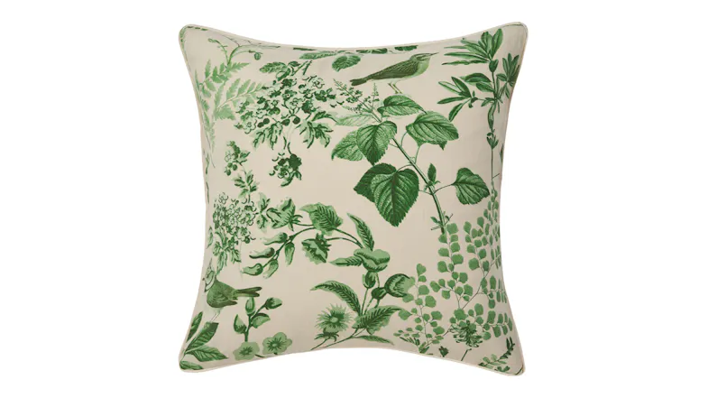 Square European pillowcase with a cream background featuring detailed green botanical illustrations Square European pillowcase with a cream background featuring detailed green botanical illustrations