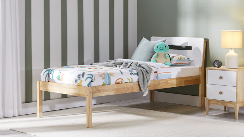A Jesse Single Bed Frame in a sleek white colour A Jesse Single Bed Frame in a sleek white colour