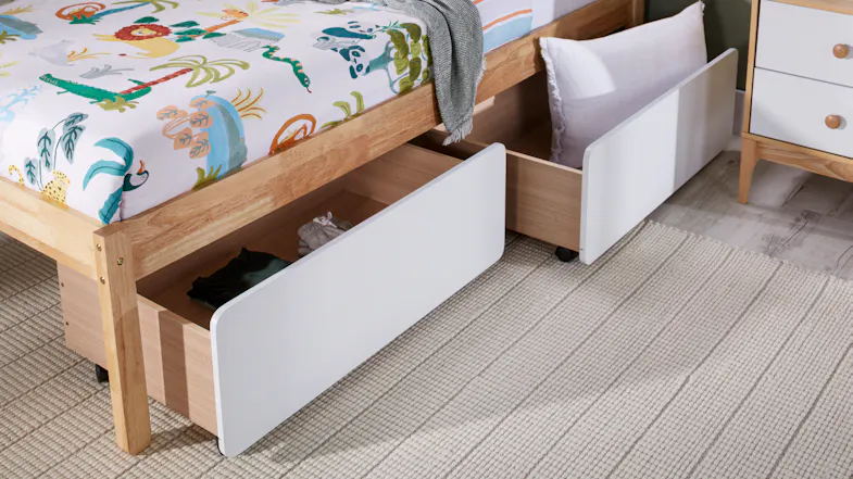 A Jesse 2 Drawer Under-bed Storage Unit in a sleek white colour A Jesse 2 Drawer Under-bed Storage Unit in a sleek white colour