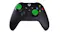 A view of a black xbox controller with two green thumb grips attached A view of a black xbox controller with two green thumb grips attached