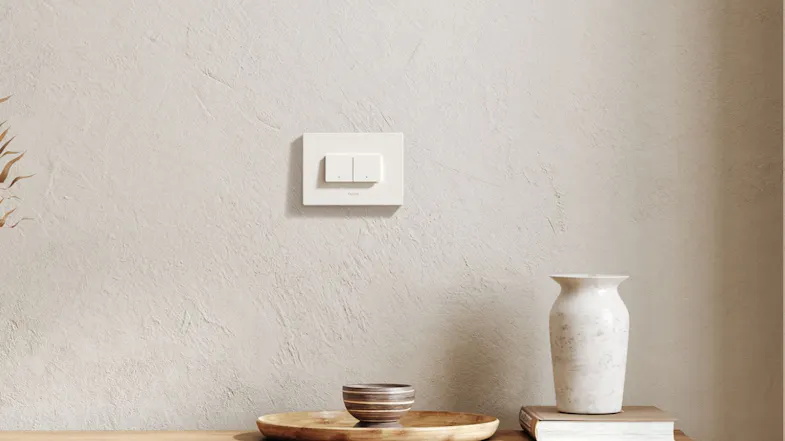 Aqara H2 Horizontal Smart Light Switch mounted on the wall with dual buttons in a modern home interior Aqara H2 Horizontal Smart Light Switch mounted on the wall with dual buttons in a modern home interior