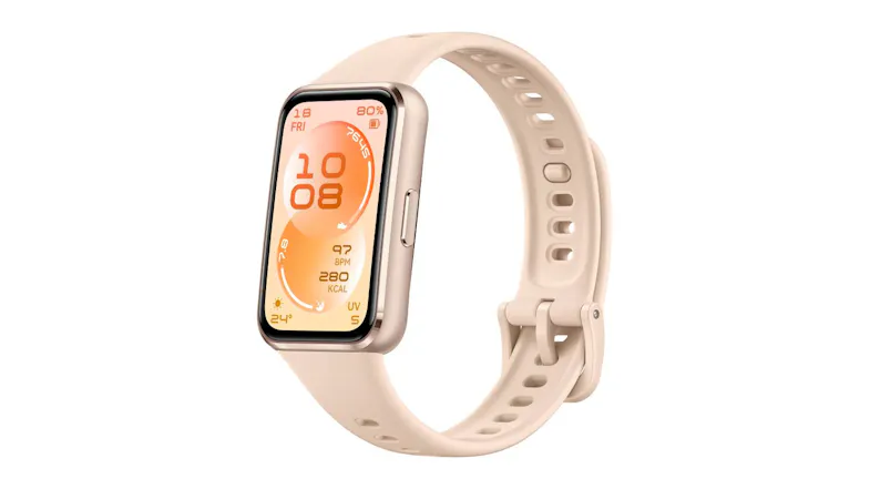 Angled view of the Huawei Band 11 with a beige fluoroelastomer strap and aluminium case Angled view of the Huawei Band 11 with a beige fluoroelastomer strap and aluminium case