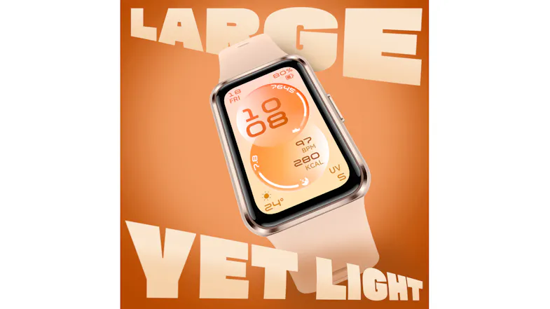 Tilted Huawei Band 11 with an orange background and bold text reading “Large Yet Light.” Tilted Huawei Band 11 with an orange background and bold text reading “Large Yet Light.”