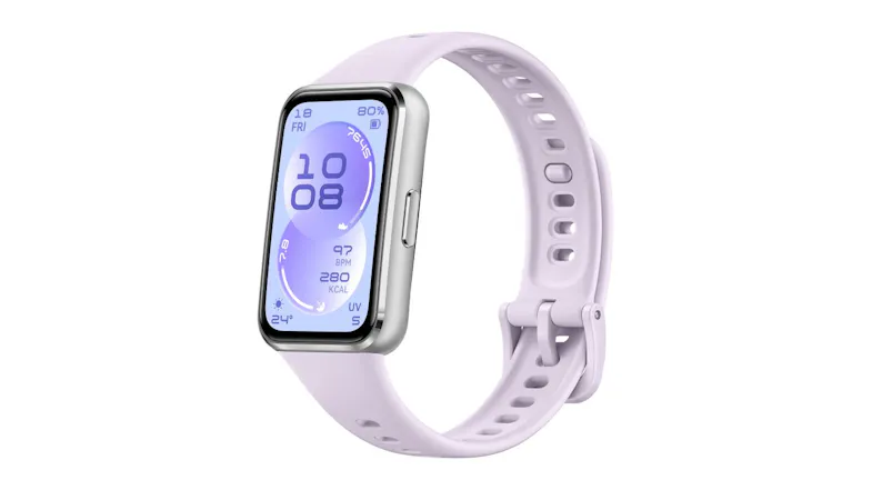 Angled view of the Huawei Band 11 with a purple fluoroelastomer strap and silver case Angled view of the Huawei Band 11 with a purple fluoroelastomer strap and silver case