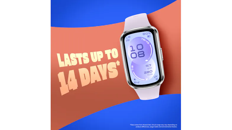 Smartwatch centred on a red‑and‑blue background with large text stating “Lasts up to 14 Days*” Smartwatch centred on a red‑and‑blue background with large text stating “Lasts up to 14 Days*”