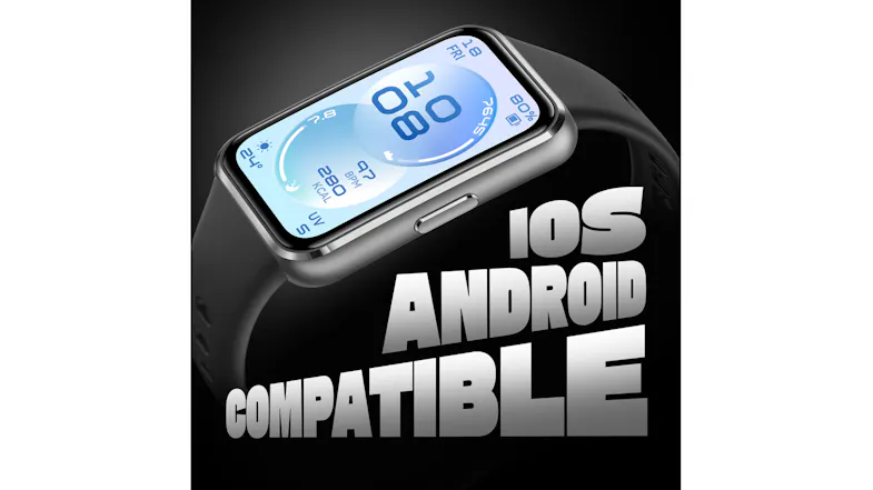 Huawei Band 11 angled on a dark background with bold text reading “iOS Android Compatible” Huawei Band 11 angled on a dark background with bold text reading “iOS Android Compatible”