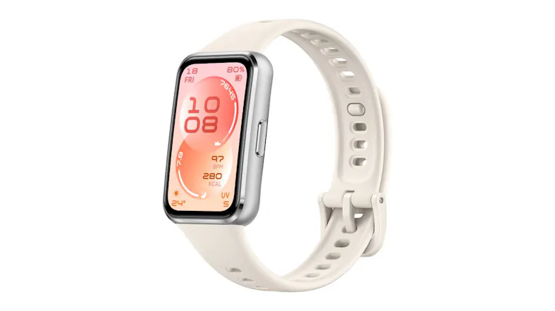 Angled view of the Huawei Band 11 showing its rectangular screen with a white fluoroelastomer strap Angled view of the Huawei Band 11 showing its rectangular screen with a white fluoroelastomer strap