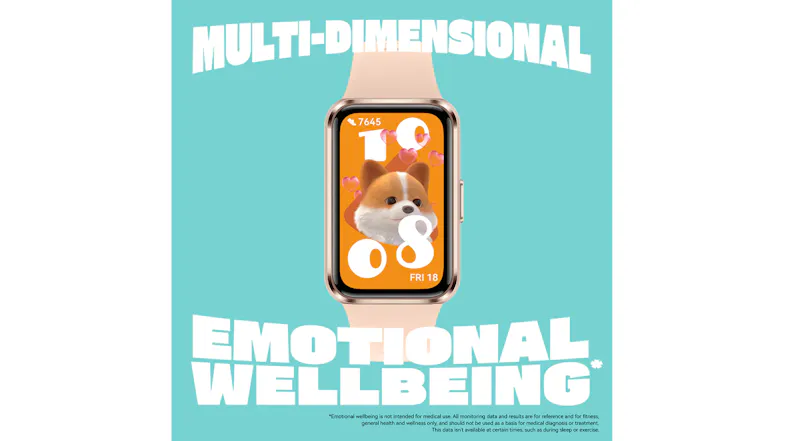 Huawei Band 11 showing an animated pet watch face with the text “Multi‑Dimensional Emotional Wellbeing*” Huawei Band 11 showing an animated pet watch face with the text “Multi‑Dimensional Emotional Wellbeing*”