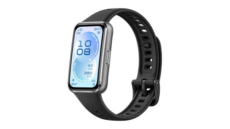 Angled view of the Huawei Band 11 showing its rectangular screen with a black fluoroelastomer strap Angled view of the Huawei Band 11 showing its rectangular screen with a black fluoroelastomer strap