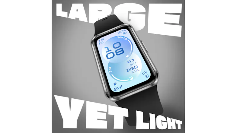 Huawei Band 11 shown tilted forward with the text “Large Yet Light” in the background Huawei Band 11 shown tilted forward with the text “Large Yet Light” in the background