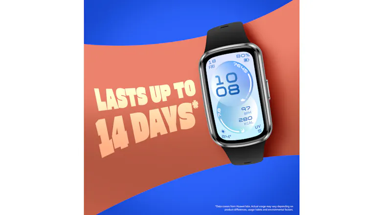 Huawei Band 11 centred on a red‑and‑blue background with the text “Lasts up to 14 Days*”. Huawei Band 11 centred on a red‑and‑blue background with the text “Lasts up to 14 Days*”.