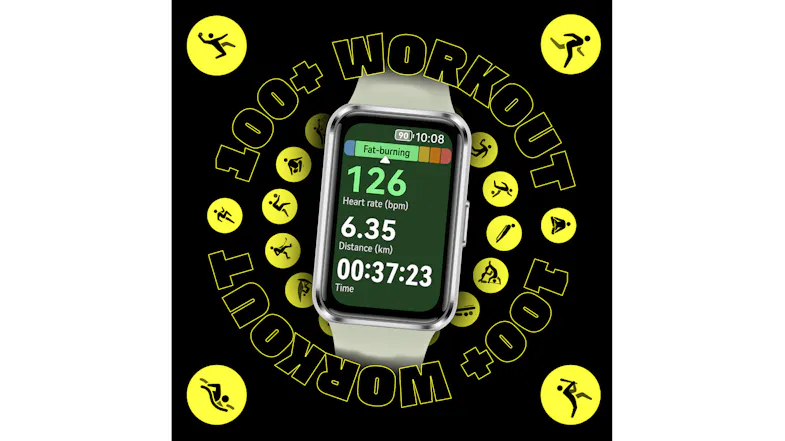 Smartwatch with a workout screen showing heart rate and distance, surrounded by icons Smartwatch with a workout screen showing heart rate and distance, surrounded by icons