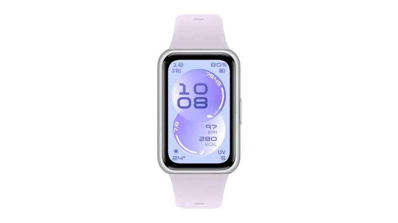 Front view of the Huawei Band 11 featuring a full purple watch face with health and activity metrics Front view of the Huawei Band 11 featuring a full purple watch face with health and activity metrics